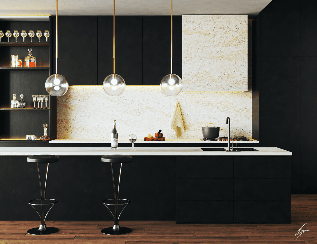 Modern kitchen archviz render with dark cabinetry, stone surfaces, and pendant lighting.