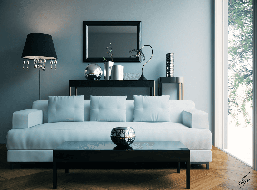 Living room archviz render with white sofa, soft daylight, and dark accent furniture.