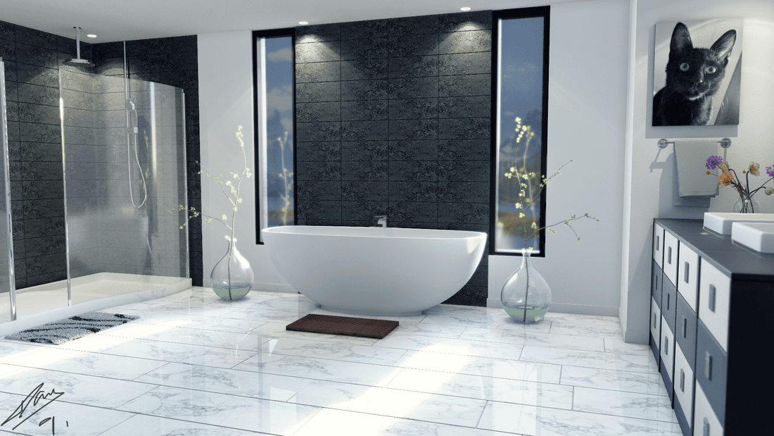 Bathroom archviz render with freestanding bathtub, polished floor, and strong natural light.